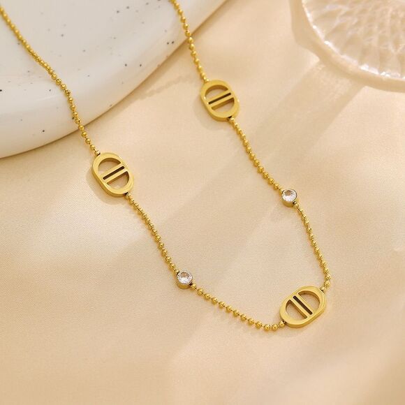 Gold Plated Designer Fashion CD Necklace with Crystal Accents - Picture 4 of 8